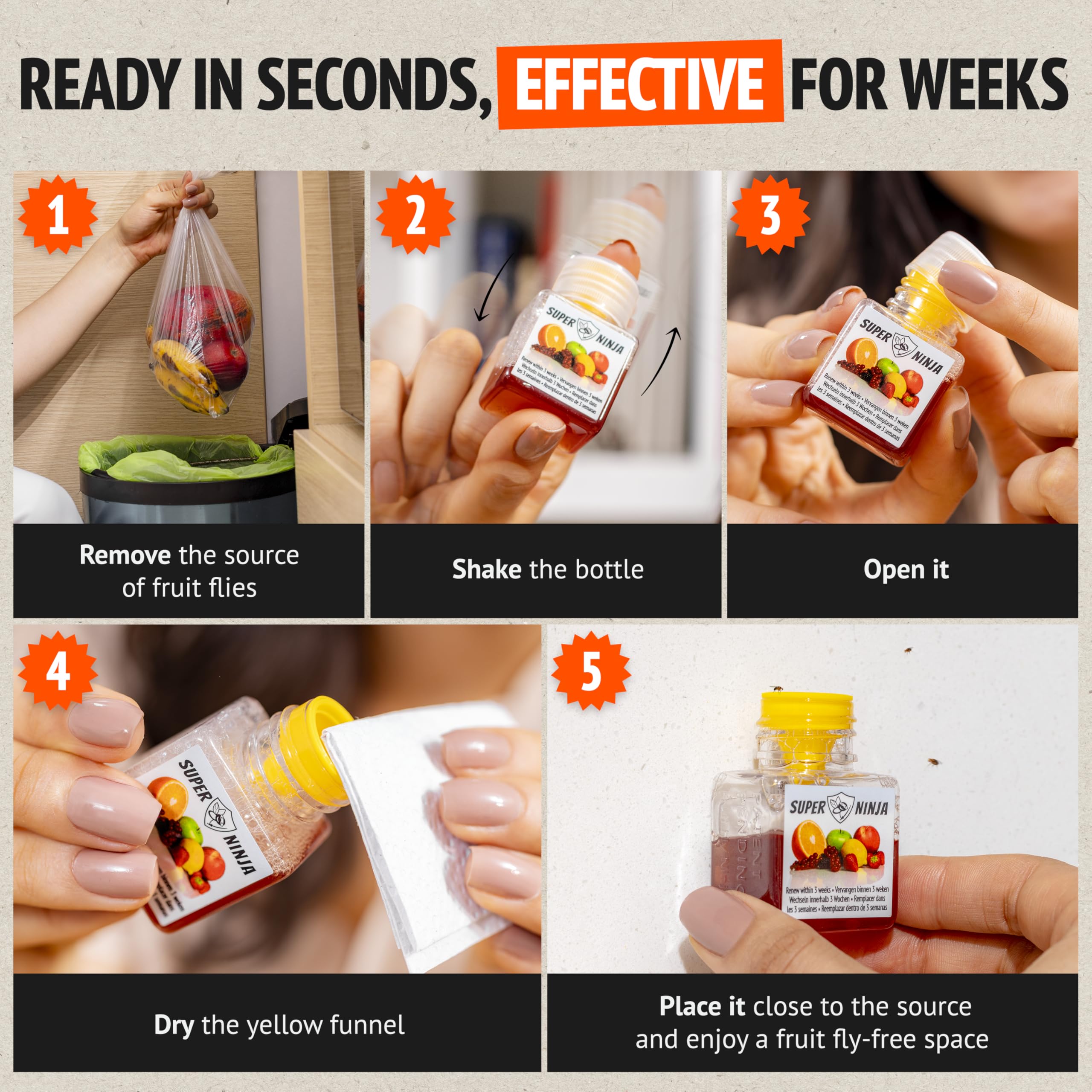 Super Ninja Fruit Fly Trap - 2 pack, Highly Effective Fruit Fly Killer for Home & Kitchen, Up to 3 Weeks of Performance per Bottle, Child & Pet Friendly